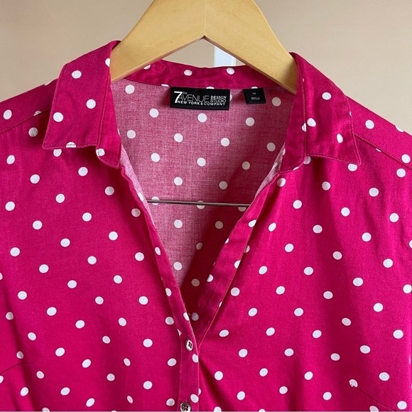 7th Avenue Retro Women's Medium Polka Dot Hot Pink Button Up 1/2 Sleeve Shirt - Picture 3 of 8